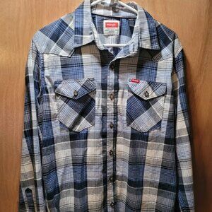 Wrangler Men's Western Style Blue Plaid Button Down Long Sleeve Shirt - Size Med